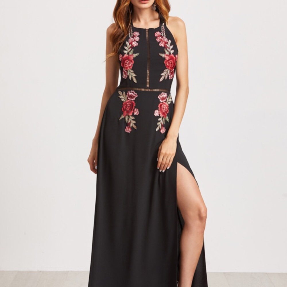 Embroidered Rose Applique Tied OpenBack Slit Dress